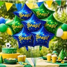 Kit 10 Balões Estrela Brasil Metalizado 45cm Azul Verde Dourado Decoração Copa Futebol Festa