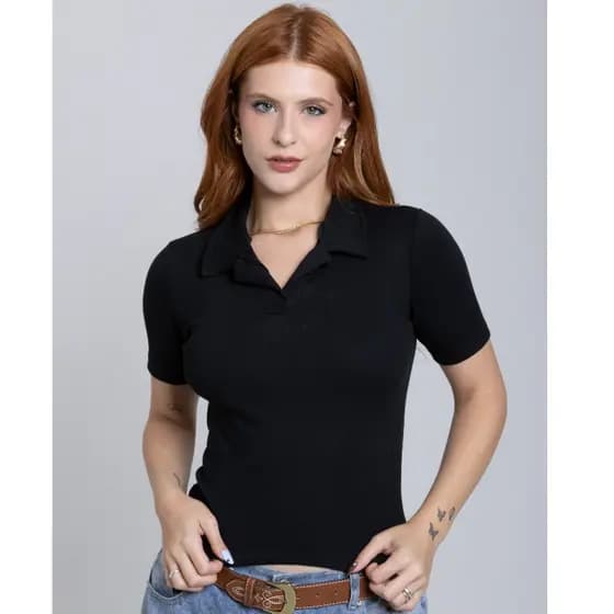 Blusa Femenina Gola Polo basica Ribana algodao