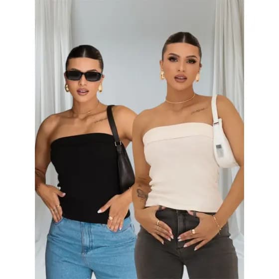 Kit 2 Blusa tomara que caia básica feminina listrada