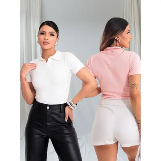 Kit Blusa Femenina Gola Polo basica Ribana algodao
