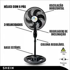 Ventilador de Coluna Preto 110V/220V c/ 3 Velocidades e Altura Ajustável - 6 Pás Potente