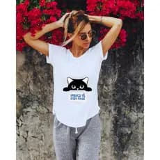 Camiseta Feminina Branca Poliéster Estampada academia Versátil Casual