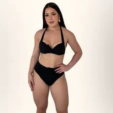 Kit Praia Feminino Biquíni Bojo Meia Taça com Nó Frontal e Calcinha Hot Pants Cós Drapeado
