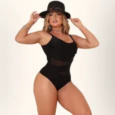 Maiô Body Afina Cintura com Detalhe em Tule e Alça Ajustável Moda Praia e Piscina