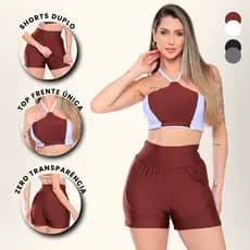 Conjunto Fitness Academia Feminino Top Bojo Frente Única Costas Vazada e Shorts Duplo