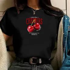 Blusa Feminina Camiseta Algodão Cereja T-shirt Linda Preta Básica Camisa para Academia
