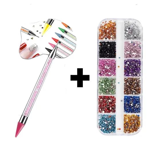 kit com Kit Estojo Strass Colorido Para Maquiagem e Nail Art + Caneta Pega Strass