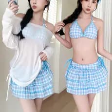 Versão coreana ins estilo doce menina biquíni de três peças de manga comprida blusa dividida primavera quente férias mai