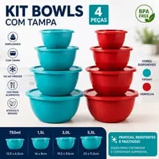 Kit Tigelas Com Tampa 4 Peças Bowl Empilhável Saladeira Potes Redondos Plástico Cozinha