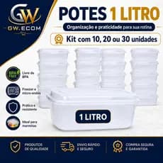 Kit Marmita Fitness 1 Litro Potes Transparentes BPA Free Freezer Microondas com Tampa tapoer transparente