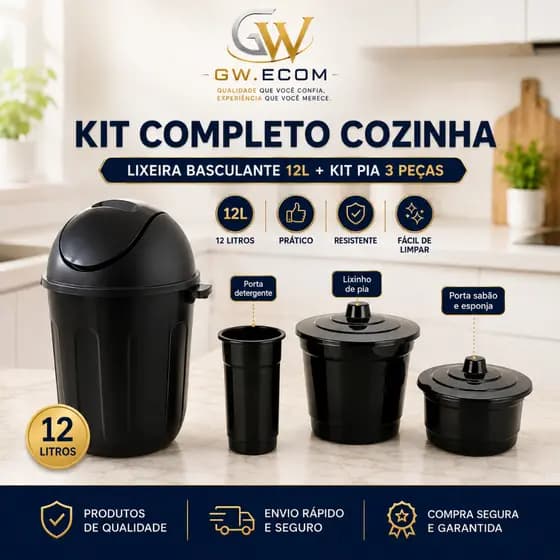 Kit Cozinha 4 Peças Lixeira Basculante 12L + Porta Detergente Lixinho Porta Sabão e Esponja Preto