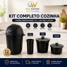Kit Cozinha 4 Peças Lixeira Basculante 12L + Porta Detergente Lixinho Porta Sabão e Esponja Preto