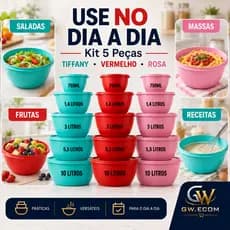 Kit Bowl 5 Peças Com Tampa Tigela Grande Saladeira Bacia Plástica 10 Litros Colorida