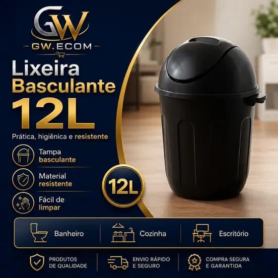 Lixeira Basculante 12L Tampa Vai E Vem Plástica Banheiro Cozinha Escritório preta
