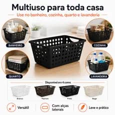 Kit Cestos Organizadores Plástico Multiuso C/ Alças Para Banheiro Cozinha Lavanderia 29x18,5x11,3 cm