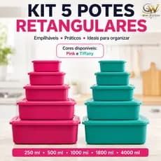 Kit 5 Potes Herméticos Retangulares Empilháveis Para Geladeira Freezer Cozinha