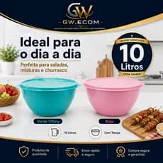 Bacia Plástica 10 Litros Com Tampa Bowl Tapoer Grande Saladeira Cozinha
