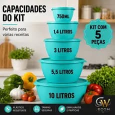 Kit Bowl 5 Peças Com Tampa Bacia Plástica Saladeira Grande Cozinha 10 litros TAPOER GRANDE