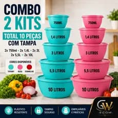 COMBO 2 Kits  5 Peças bowl C/ Tampa Bacia Plástica Saladeira Grande Cozinha 10 litros TAPOER GRANDE