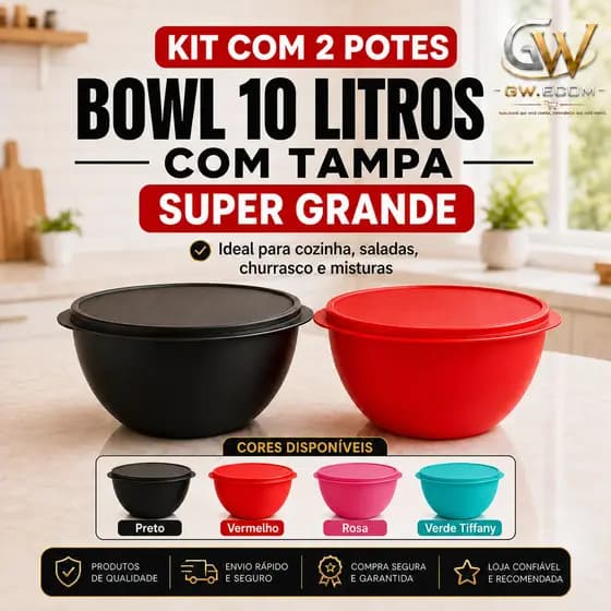 Kit 2 Potes Redondos Super Grandes 10 Litros Com Tampa Bowl Multiuso Cozinha Salada Massas Tapoer enorme