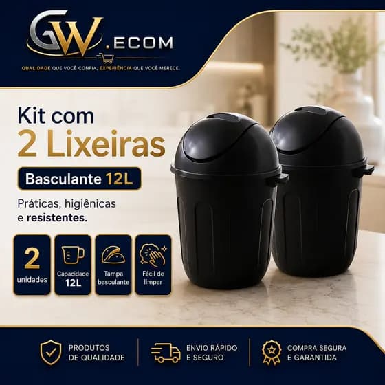 Kit 2 Lixeiras Banheiro Cozinha Escritório com tampa Basculante 12L Tampa Vai e Vem Preta Plástico Resistente
