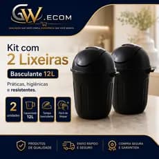 Kit 2 Lixeiras Banheiro Cozinha Escritório com tampa Basculante 12L Tampa Vai e Vem Preta Plástico Resistente