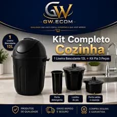 Kit Completo Cozinha Lixeira Basculante 12L + Kit Pia 3 Peças Porta Detergente Sabão Esponja Preto