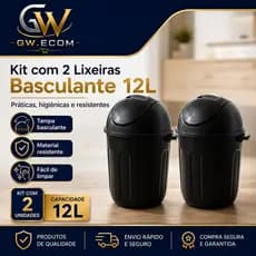 Kit 2 Lixeiras Basculantes 12L Cada Tampa Vai e Vem Preta Plástico Resistente Banheiro Cozinha Escritório