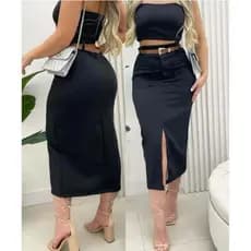 Saia Midi Alfaiataria Com Cinto e Bolsos PROMOÇÃO