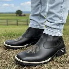 Botina Masculina Country Couro Sintético Confortável Bordada Resistente Costurada Estilosa Casual