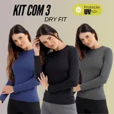 Kit 3 Camisa manga longa blusas proteção solar 50+ feminina segunda pele