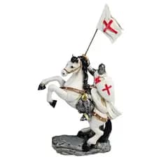 Estátua Decorativa Medieval o Cavaleiro Templário Com Bandeira Enfeite em Resina