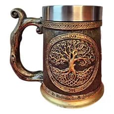 Caneca Medieval Artesanal  Árvore da Vida Geek 3D em Resina Copo em Aço Inox Grande Térmico Chopp Cerveja Presente 600ml