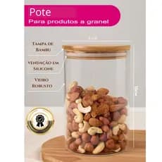 Pote De Vidro Porta Mantimentos com Tampa de Bambu 600ML Para Temperos Pote Hermético
