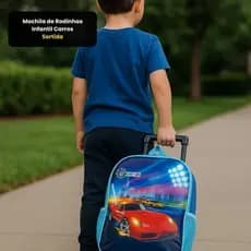 Mochila Infantil Rodinhas Carros Coloridos Escolar Leve Resistente Rodinhas-Sortida