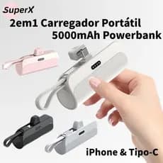 Carregador Mini Power Bank 5000mAh Bateria Sem Fio 2em1 Carregador Portátil para iPhone e Tipo-C