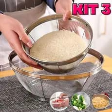 Conjunto 3pcs Cestos Escorredores de Aço Inox 22/25/28 cm para Frutas Legumes Arroz e Macarrão