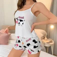 Pijama feminino com shorts e suspensório para uso doméstico 1KZZ