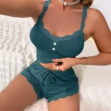 Pijama Feminino para Uso Doméstico, Conjunto de Camisola com Renda e Shorts 6UQL