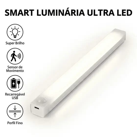 Smart Luminária Inteligente Ultra LED com sensor de movimento sem fio e Recarregável USB fino barra 30/50cm