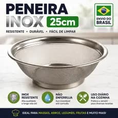 Peneira Inox 25cm Cozinha Profissional Peneira para Massas Arroz Frutas e Legumes Resistente Aço Inoxidável