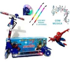 Patinete Musical Infantil Menino Menina Homem Aranha  Patrulha Frozen Metal LED Nas 3 Rodas e Laterais