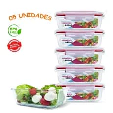 KIT 2 ou 5 POTES DE VIDRO RETANGULAR HERMETICOS MARMITA C/ TRAVA 640ML Armazenamento Alimentos Comida Refeição