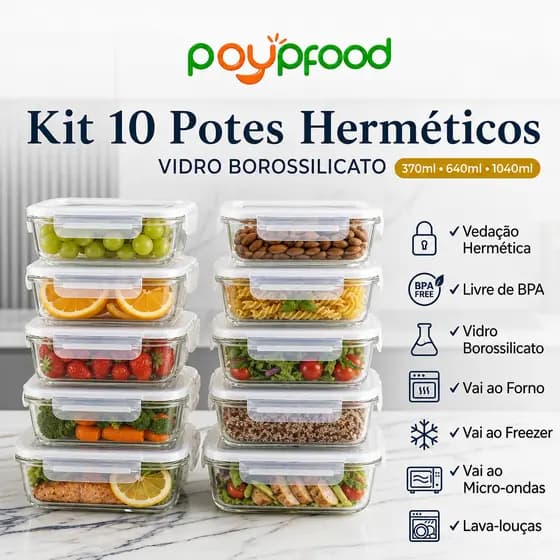 Conjunto 10 Potes 640ml Vidro Hermético 4 Travas Marmita