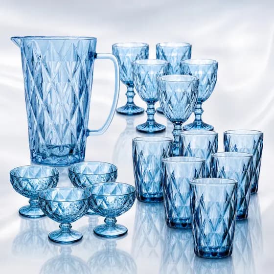 Kit Diamond Azul Jarra, Taças, Copos e Taças de Sobremesa Presente Casamento Aniversario Dias Mães