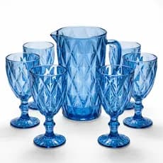 Jogo 06 Taças Diamond Vidro Azul Água Suco Drinks + 01 Jarra 1,2L Brinde Grátis