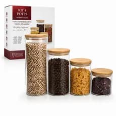 Kit Potes Herméticos de Vidro com Tampa de Bambu – 4 Peças