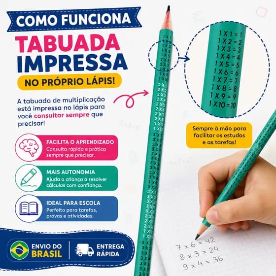 Kit 4 Lápis Matemática Com Tabuada Impressa Escolar Infantil