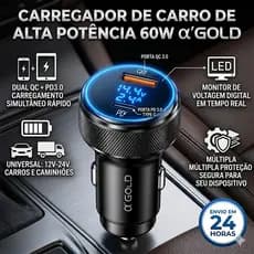 Carregador Veicular Turbo 60W USB e Tipo C com Carregamento Rápido Universal