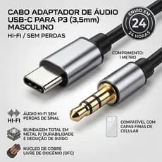 Cabo de Áudio Tipo C para P2 3.5mm – Alta Fidelidade para Fone e Caixa de Som
